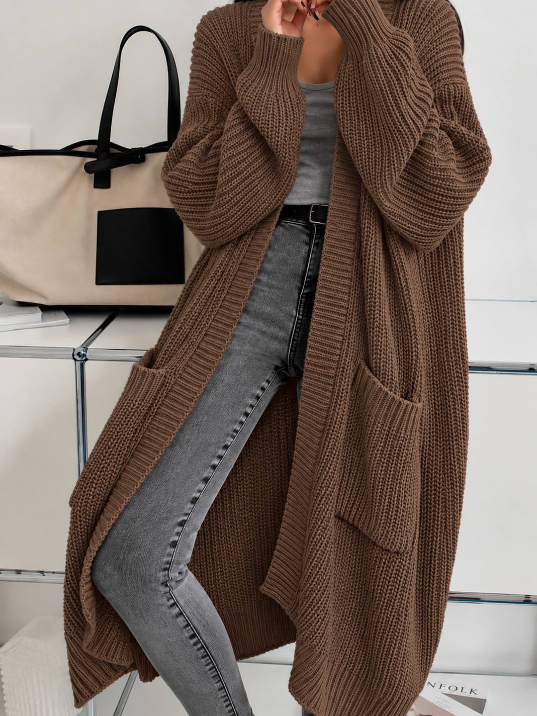 Womens Oversized Long Chunky Knit Cardigan
