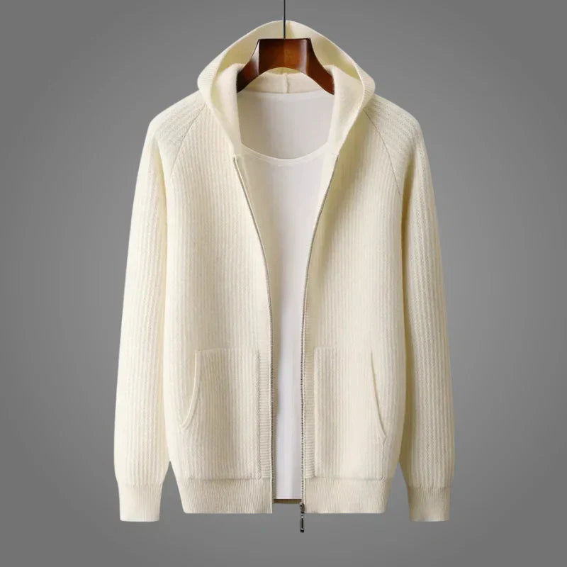 Mens Wool Ribbed Hooded Zip Up Cardigan