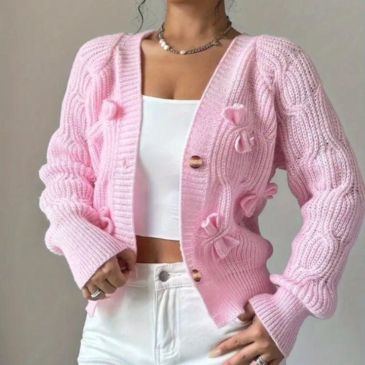 Womens V Neck Bow Detail Knit Cardigan