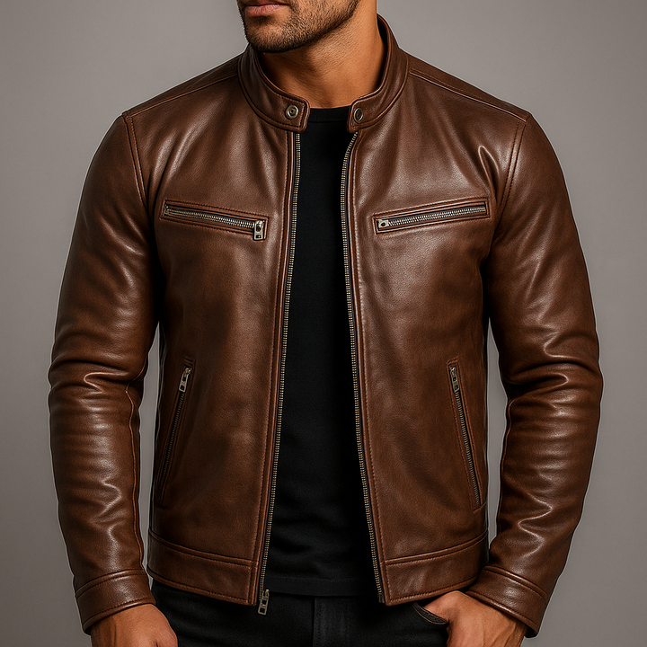 Mens Hooded Zip Front Vintage Leather Jacket
