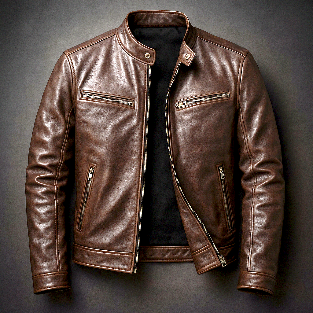 Mens Hooded Zip Front Vintage Leather Jacket