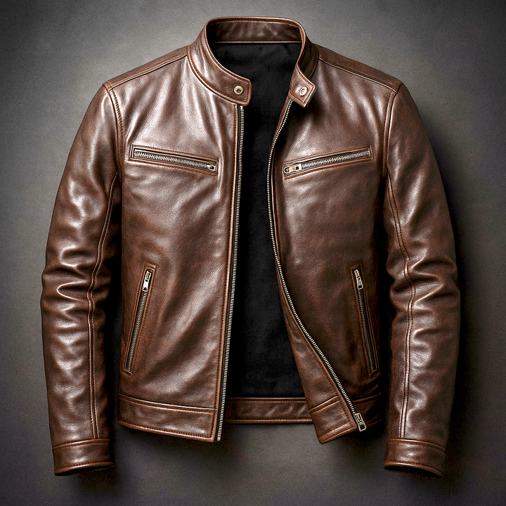 Mens Hooded Zip Front Vintage Leather Jacket