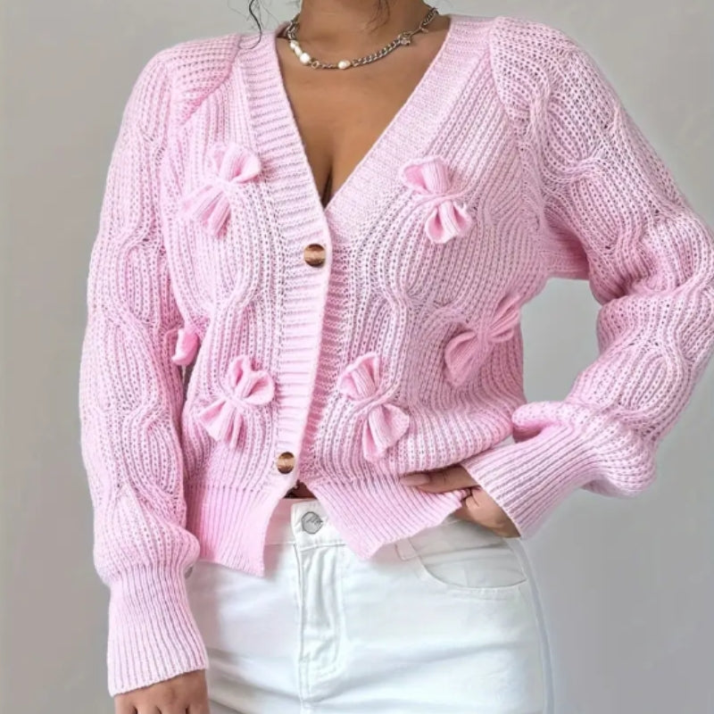 Womens V Neck Bow Detail Knit Cardigan