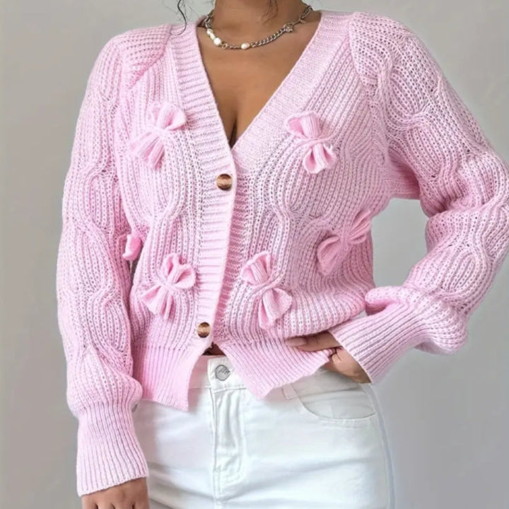 Womens V Neck Bow Detail Knit Cardigan