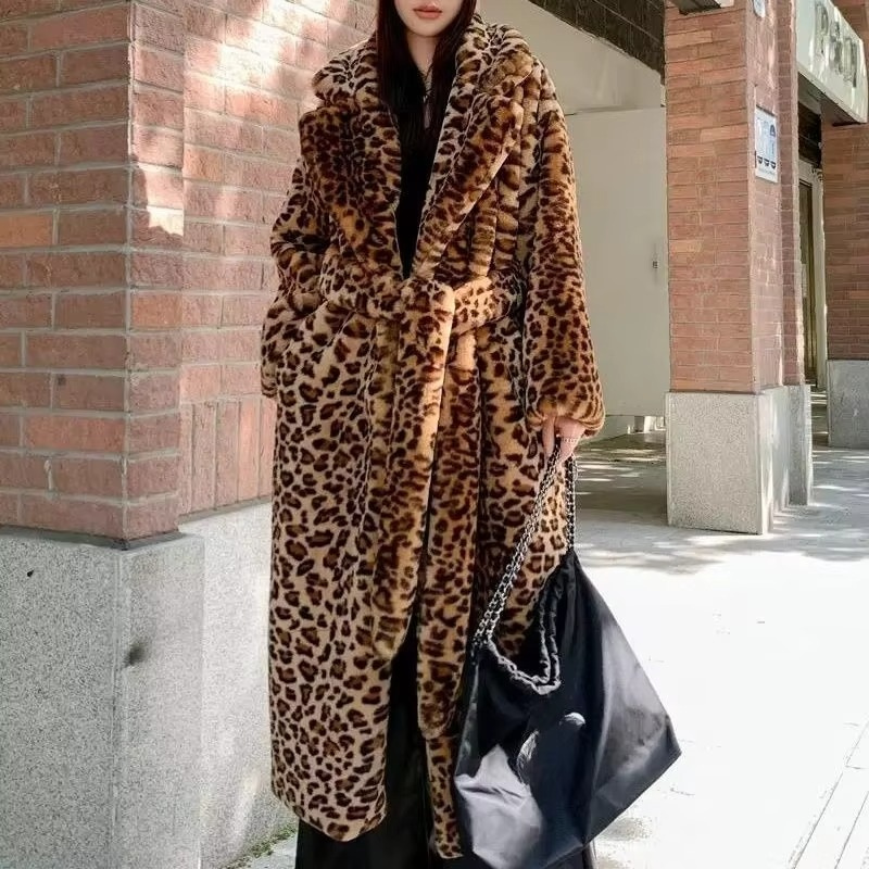 Belted Faux Fur Leopard Coat