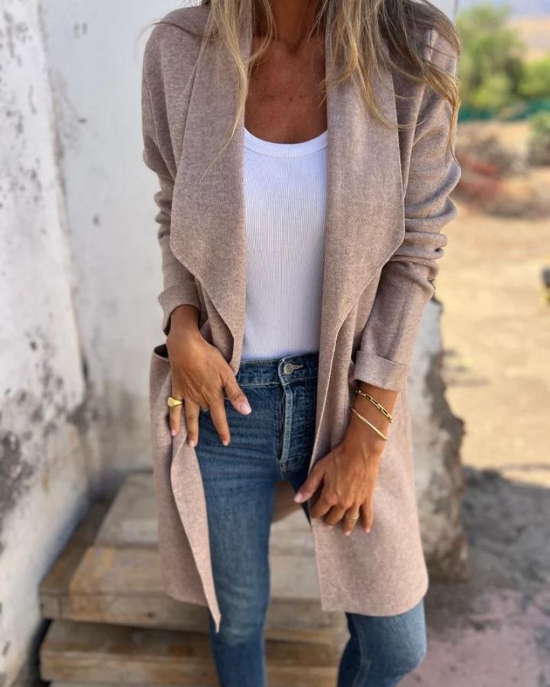 Womens Lapel Collar Longline Knit Cardigan