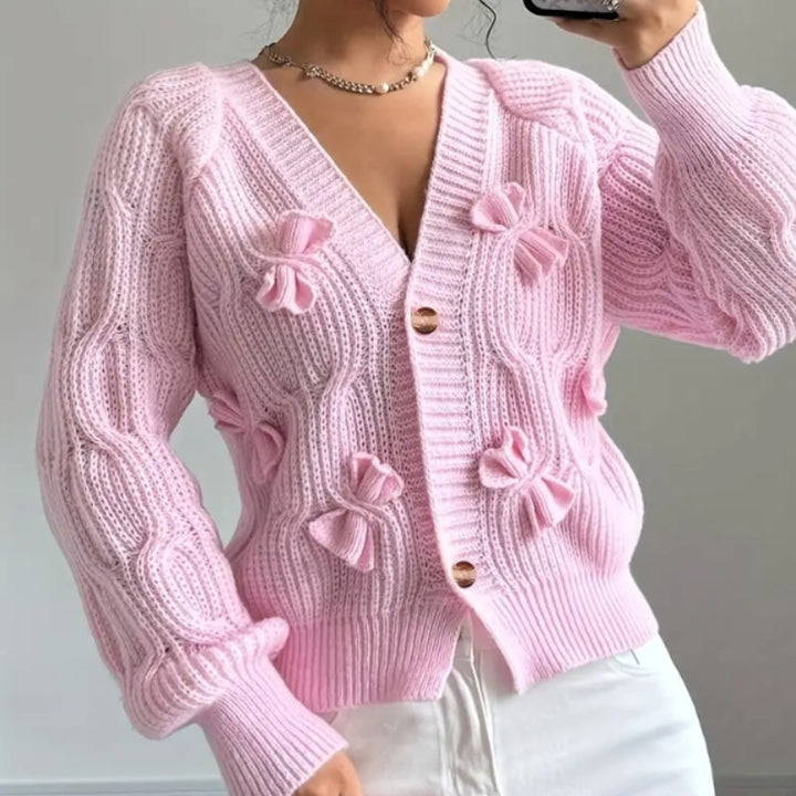 Womens V Neck Bow Detail Knit Cardigan