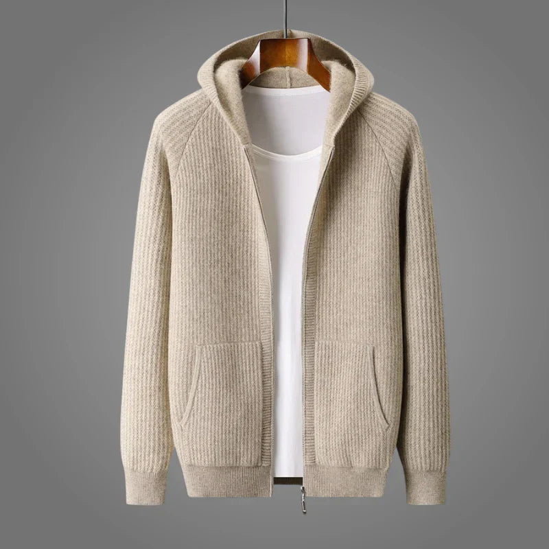 Mens Wool Ribbed Hooded Zip Up Cardigan