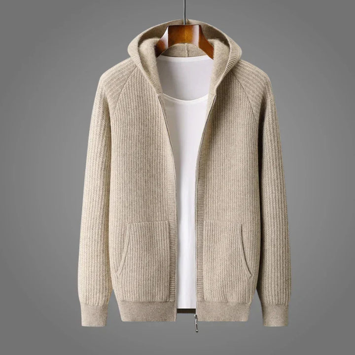 Mens Wool Ribbed Hooded Zip Up Cardigan