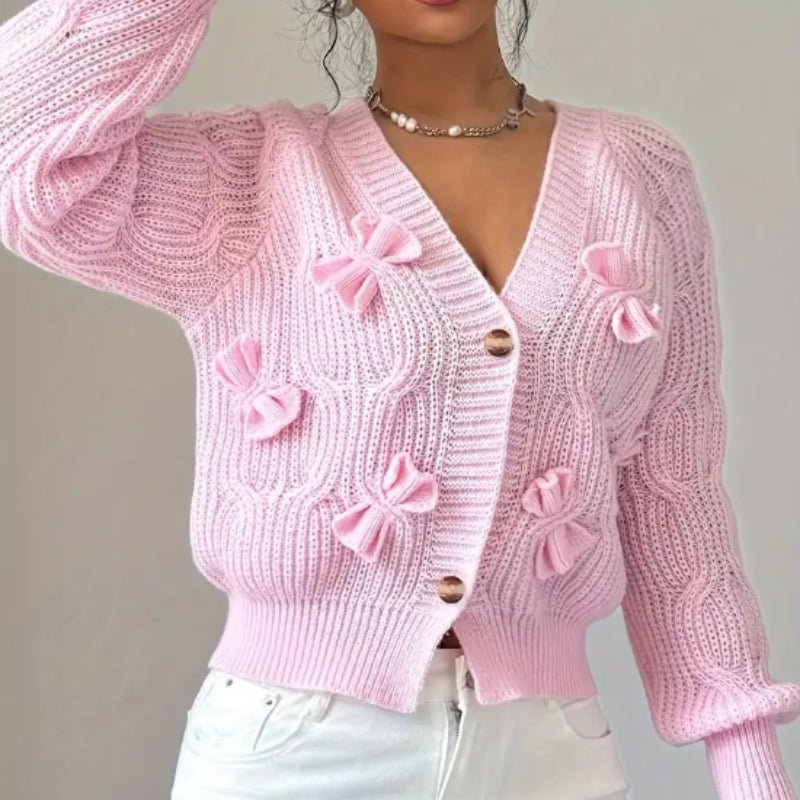 Womens V Neck Bow Detail Knit Cardigan