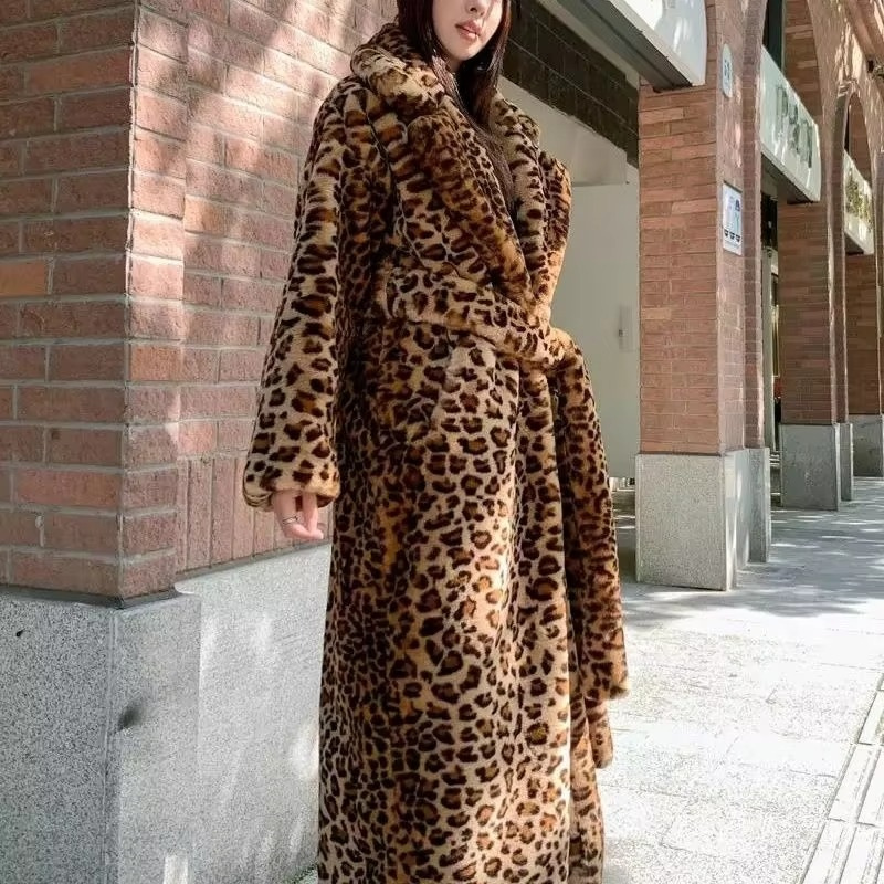 Belted Faux Fur Leopard Coat