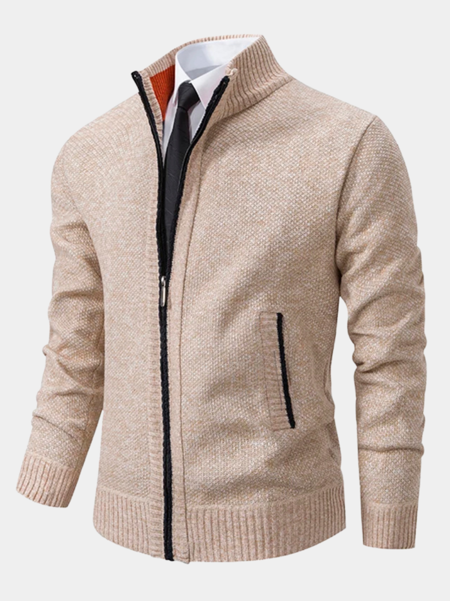 Mens Stand Collar Zip Up Knit Cardigan
