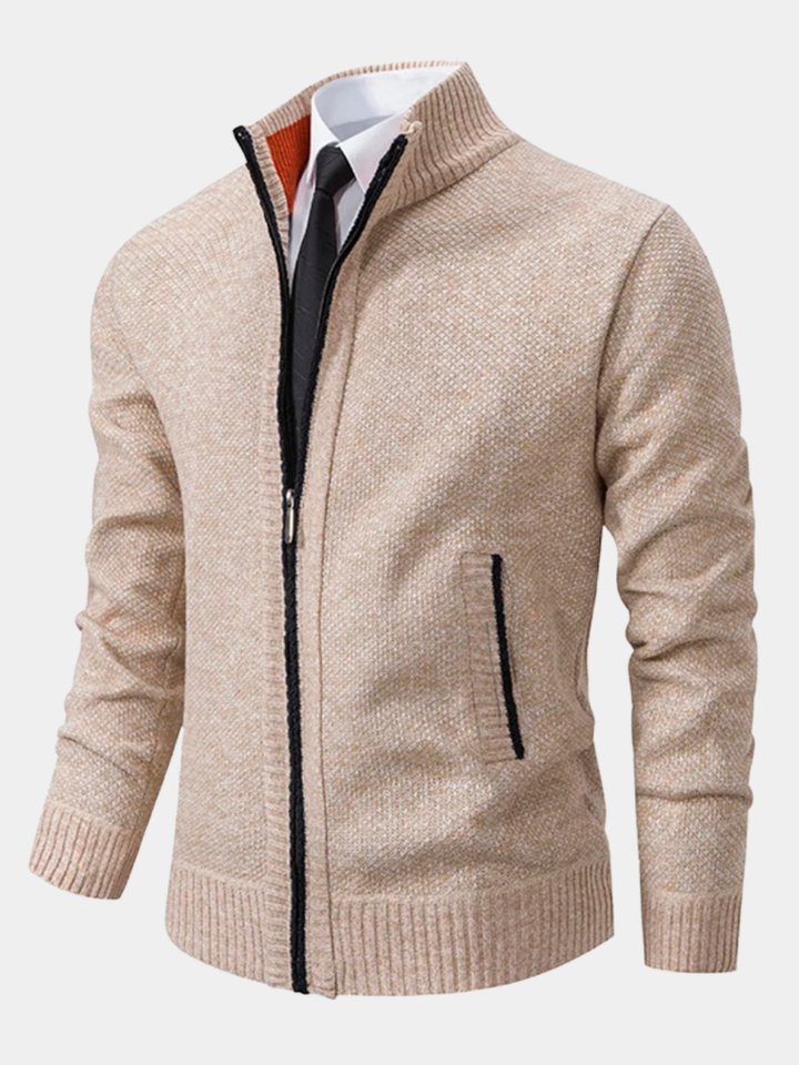 Mens Stand Collar Zip Up Knit Cardigan
