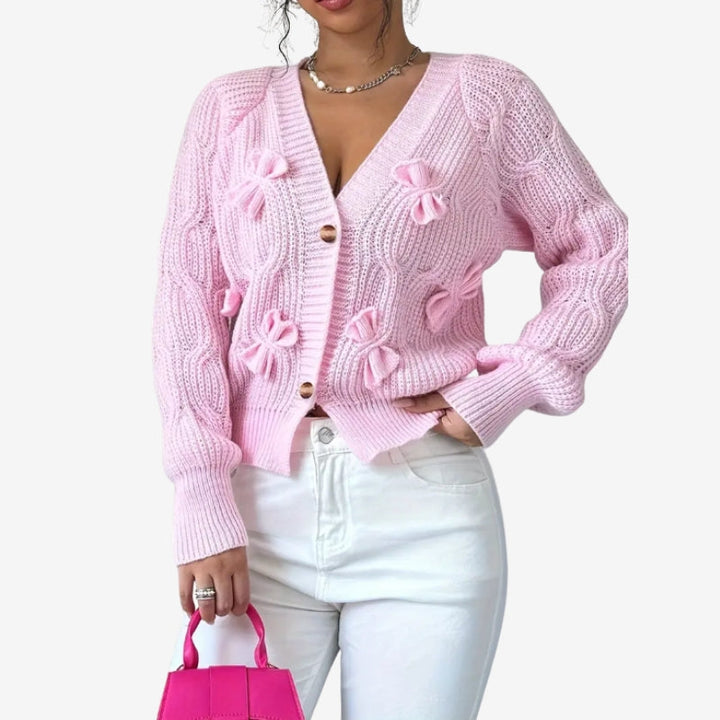 Womens V Neck Bow Detail Knit Cardigan