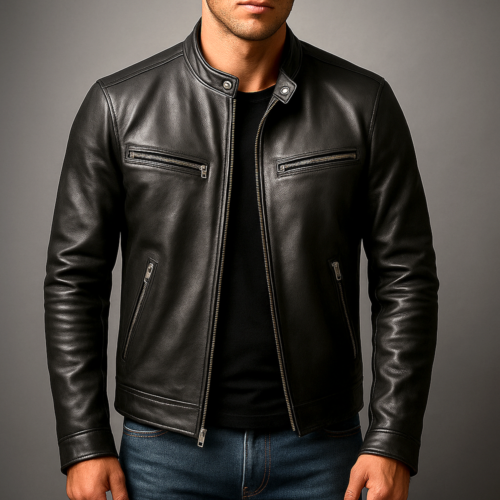 Mens Hooded Zip Front Vintage Leather Jacket