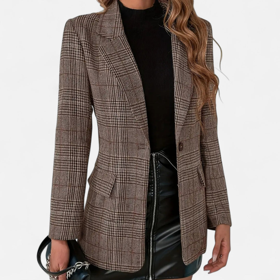 Womens Brown Plaid Single Breasted Blazer