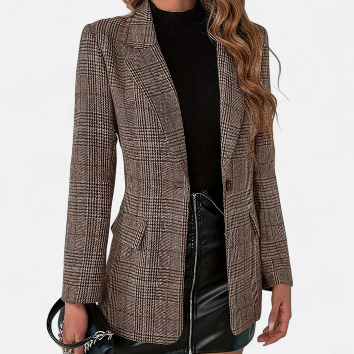 Womens Brown Plaid Single Breasted Blazer