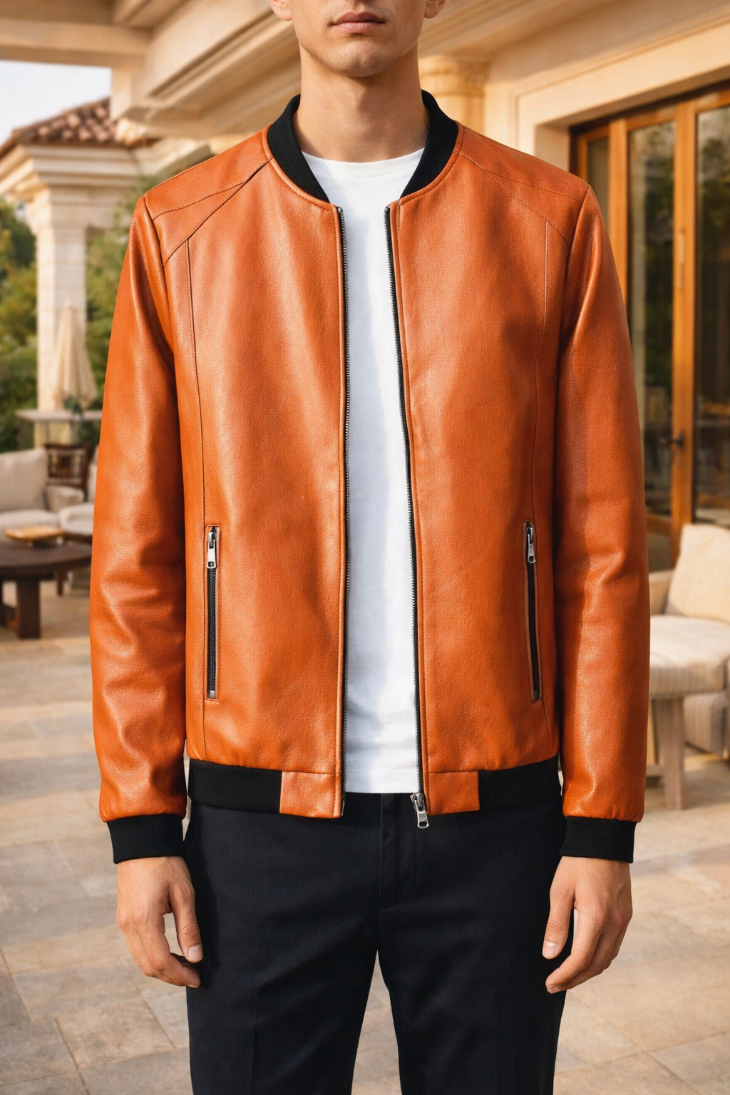 Mens Leather Rib Trim Zip Bomber Jacket