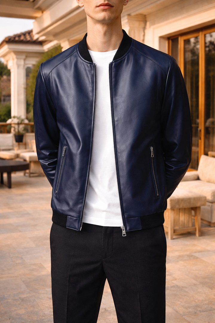 Mens Leather Rib Trim Zip Bomber Jacket