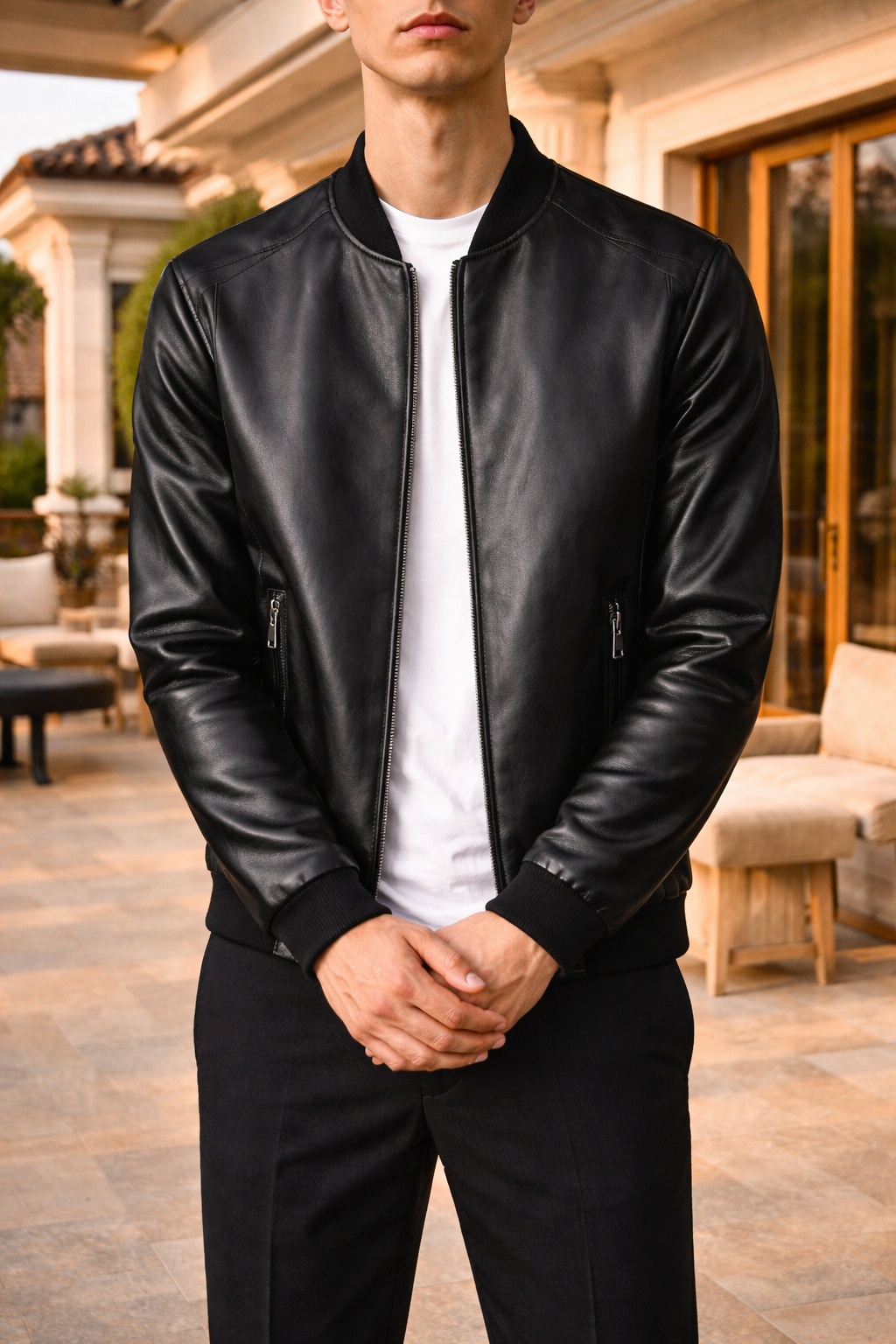 Mens Leather Rib Trim Zip Bomber Jacket