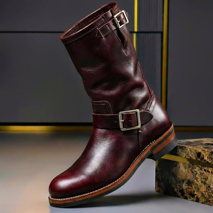Mens Leather Buckle Strap Engineer Boots