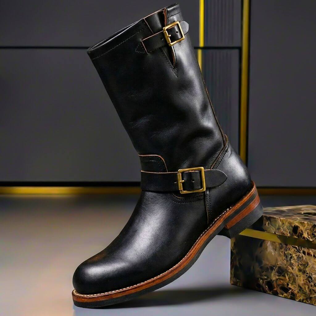 Mens Leather Buckle Strap Engineer Boots