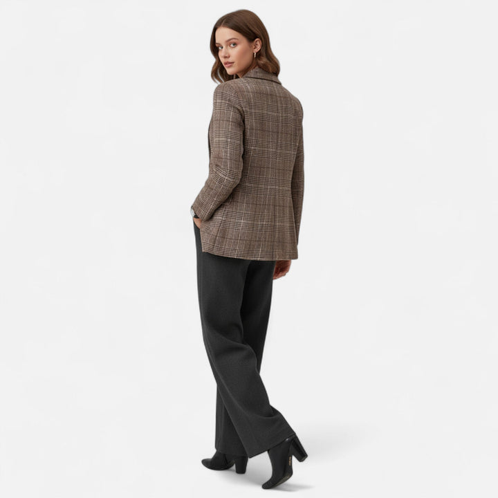 Womens Brown Plaid Single Breasted Blazer