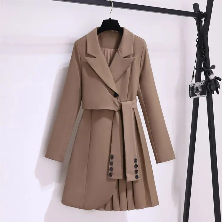Womens Belted Pleated Lapel Long Coat