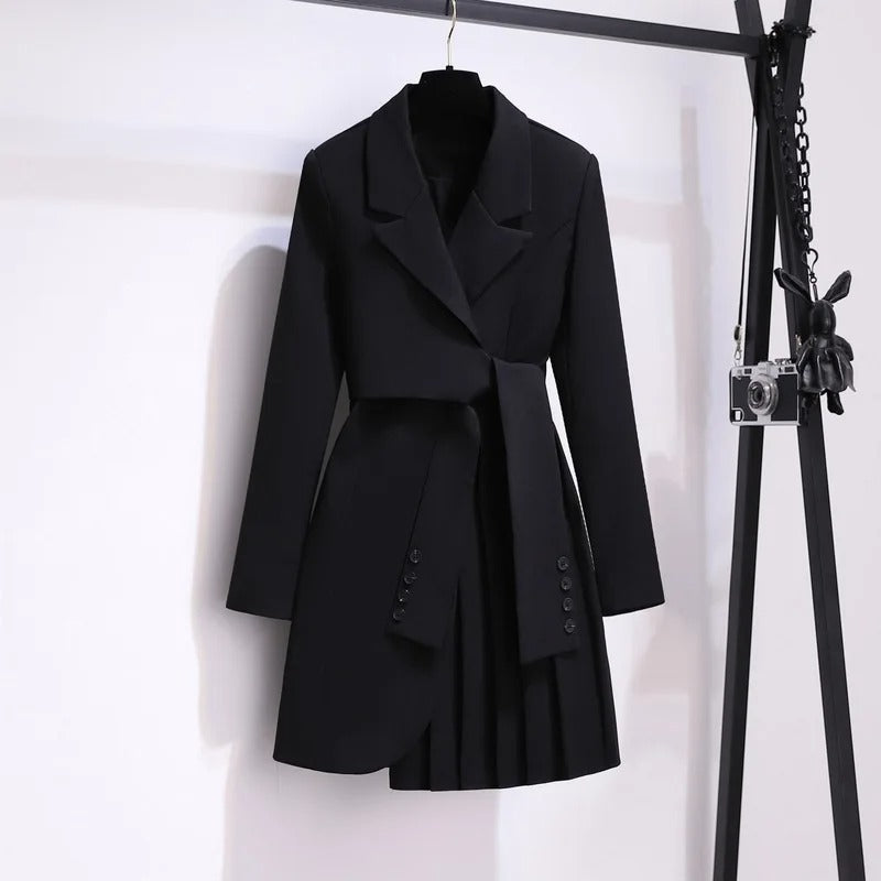 Womens Belted Pleated Lapel Long Coat