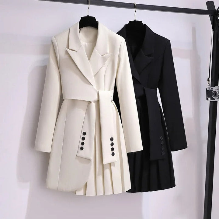Womens Belted Pleated Lapel Long Coat