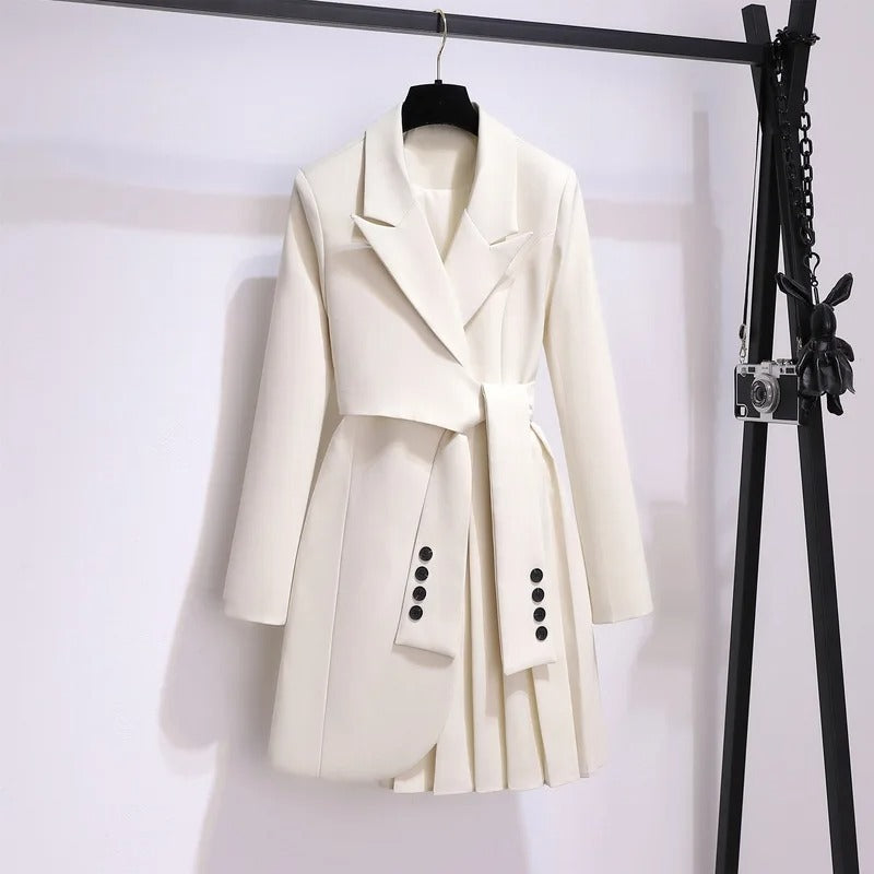 Womens Belted Pleated Lapel Long Coat