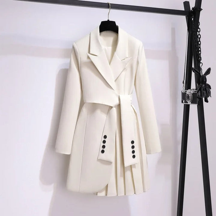 Womens Belted Pleated Lapel Long Coat