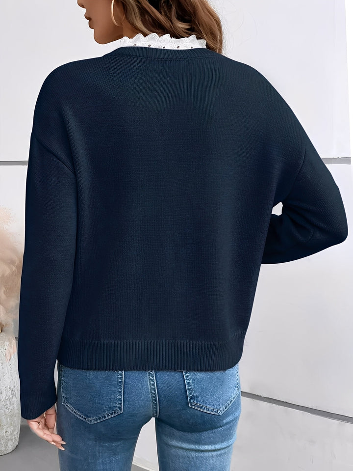 Womens Lace Collar V Neck Knit Jumper