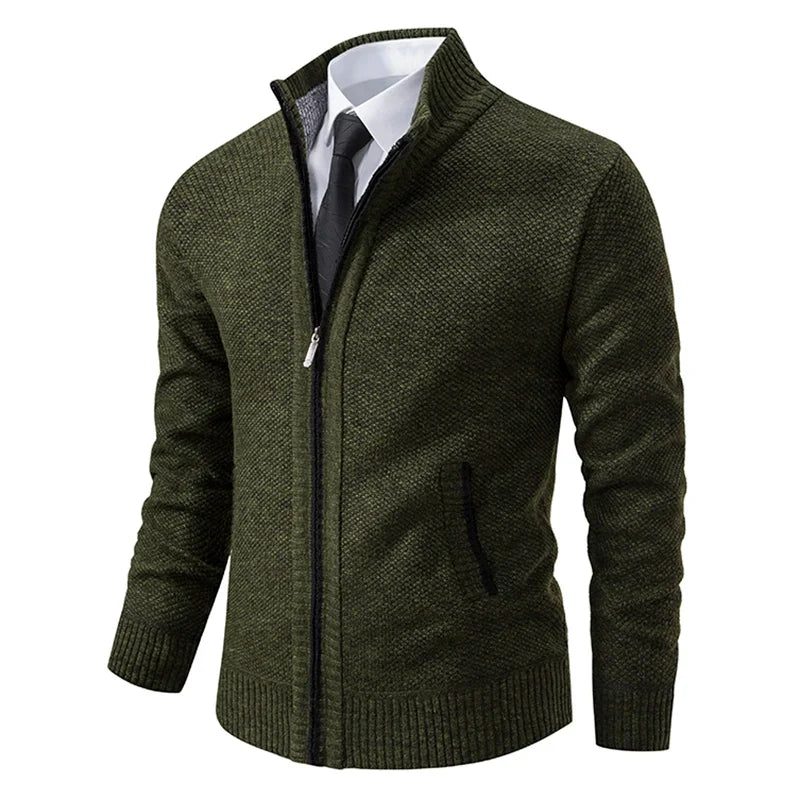 Mens Stand Collar Zip Up Knit Cardigan