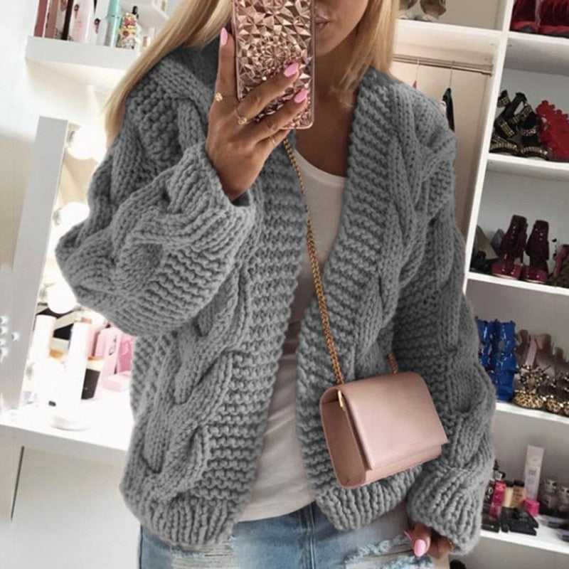 Womens Warm Chunky Cable Knit Cardigan