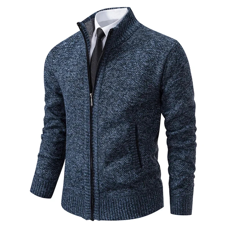 Mens Stand Collar Zip Up Knit Cardigan