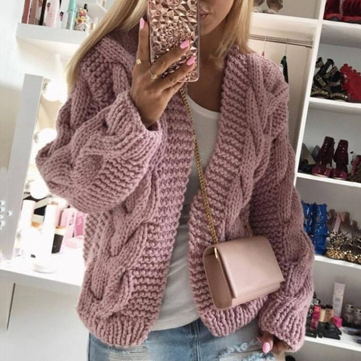 Womens Warm Chunky Cable Knit Cardigan