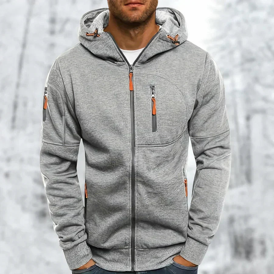 Mens Zip Front Casual Ribbed Cuff Hoodie