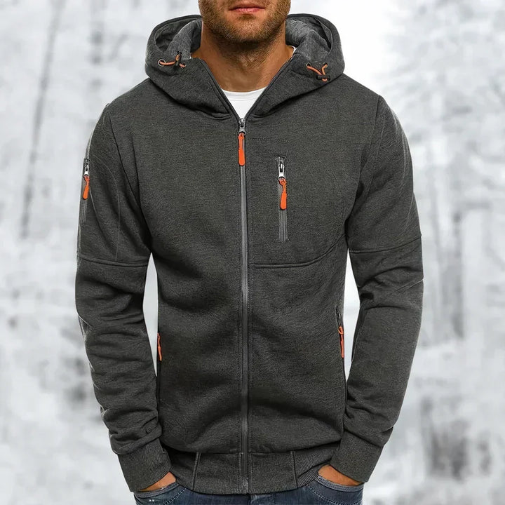 Mens Zip Front Casual Ribbed Cuff Hoodie
