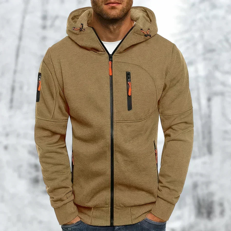 Mens Zip Front Casual Ribbed Cuff Hoodie
