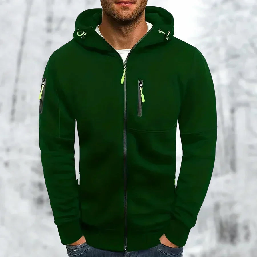 Mens Zip Front Casual Ribbed Cuff Hoodie