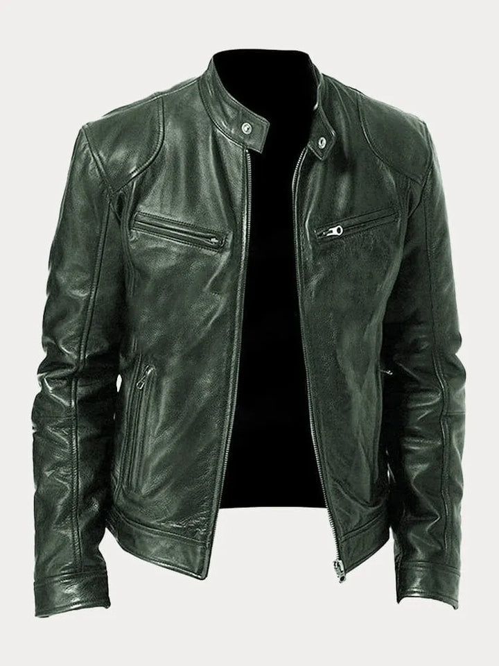 Mens Leather Zip Front Cafe Racer Jacket