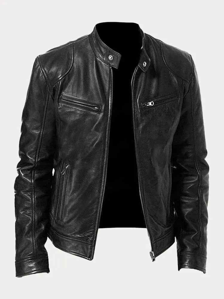 Mens Leather Zip Front Cafe Racer Jacket