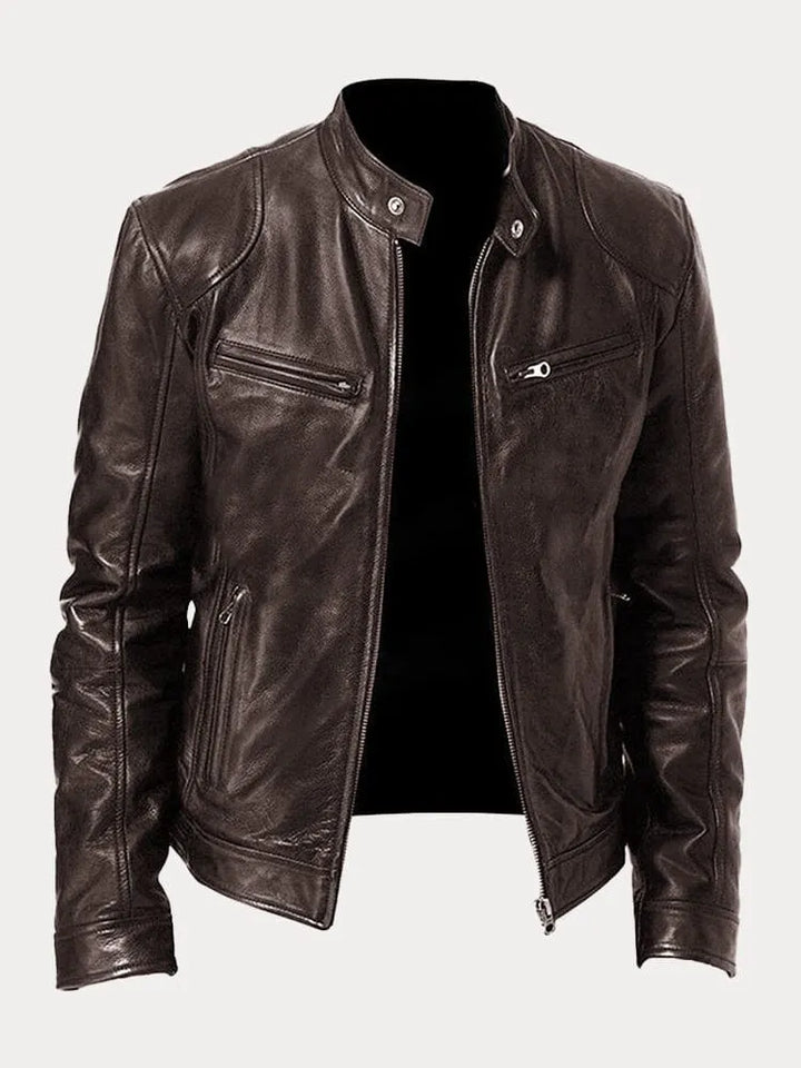 Mens Leather Zip Front Cafe Racer Jacket