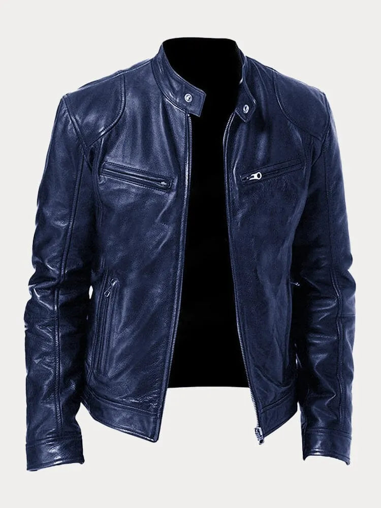Mens Leather Zip Front Cafe Racer Jacket