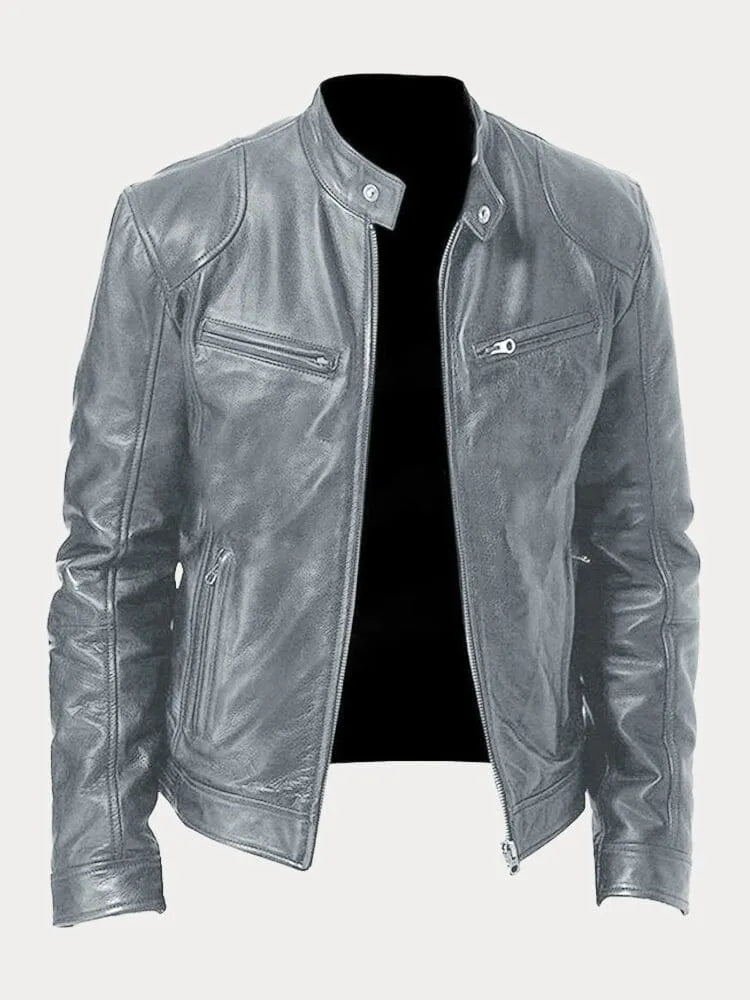 Mens Leather Zip Front Cafe Racer Jacket