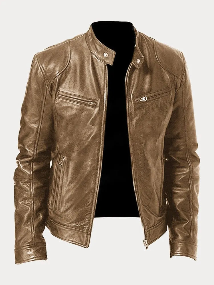 Mens Leather Zip Front Cafe Racer Jacket