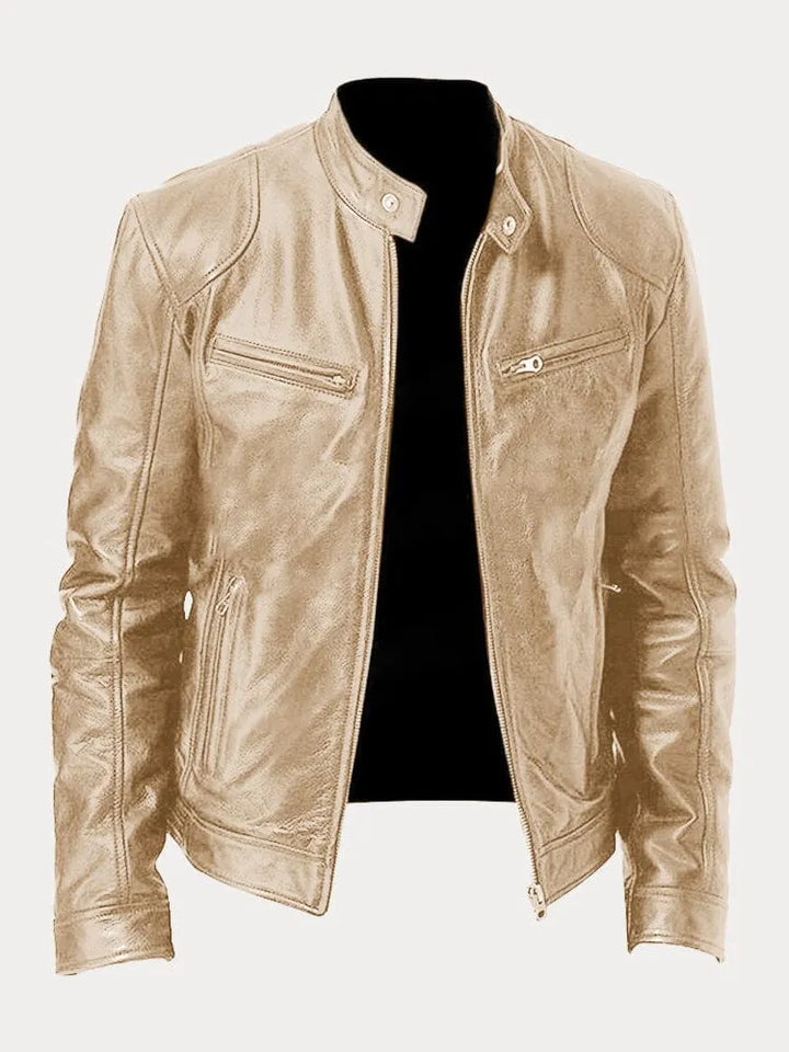 Mens Leather Zip Front Cafe Racer Jacket