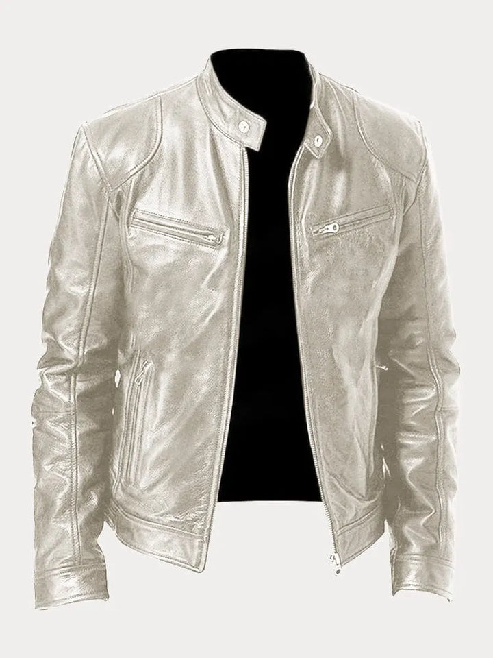Mens Leather Zip Front Cafe Racer Jacket