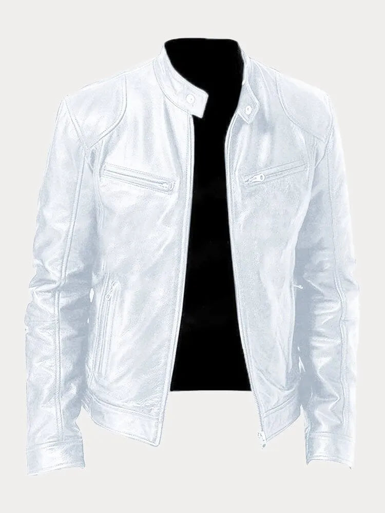 Mens Leather Zip Front Cafe Racer Jacket